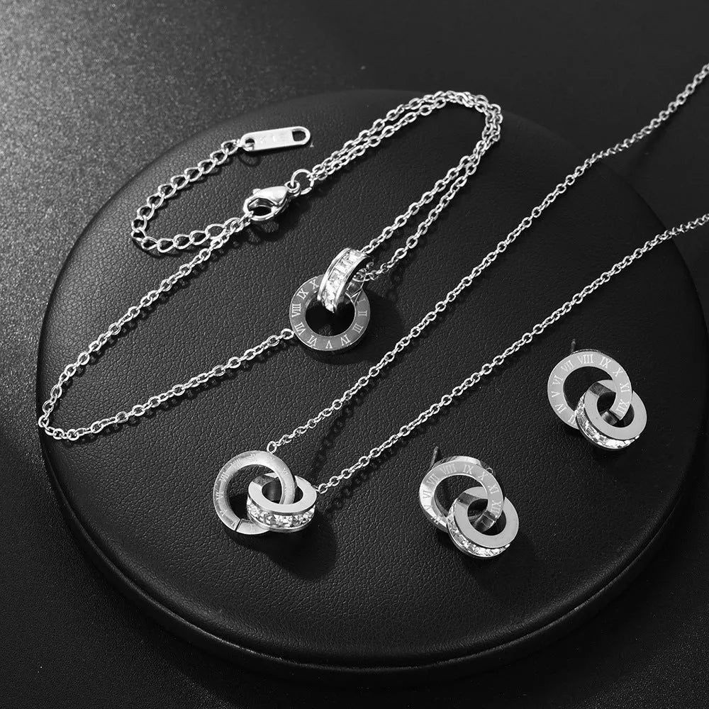 Women's Titanium Steel Double Ring Necklace Stainless Steel O-Link Chain Versatile Steel Grey Electroplated Finish 21-50cm Adjustable Circumference
