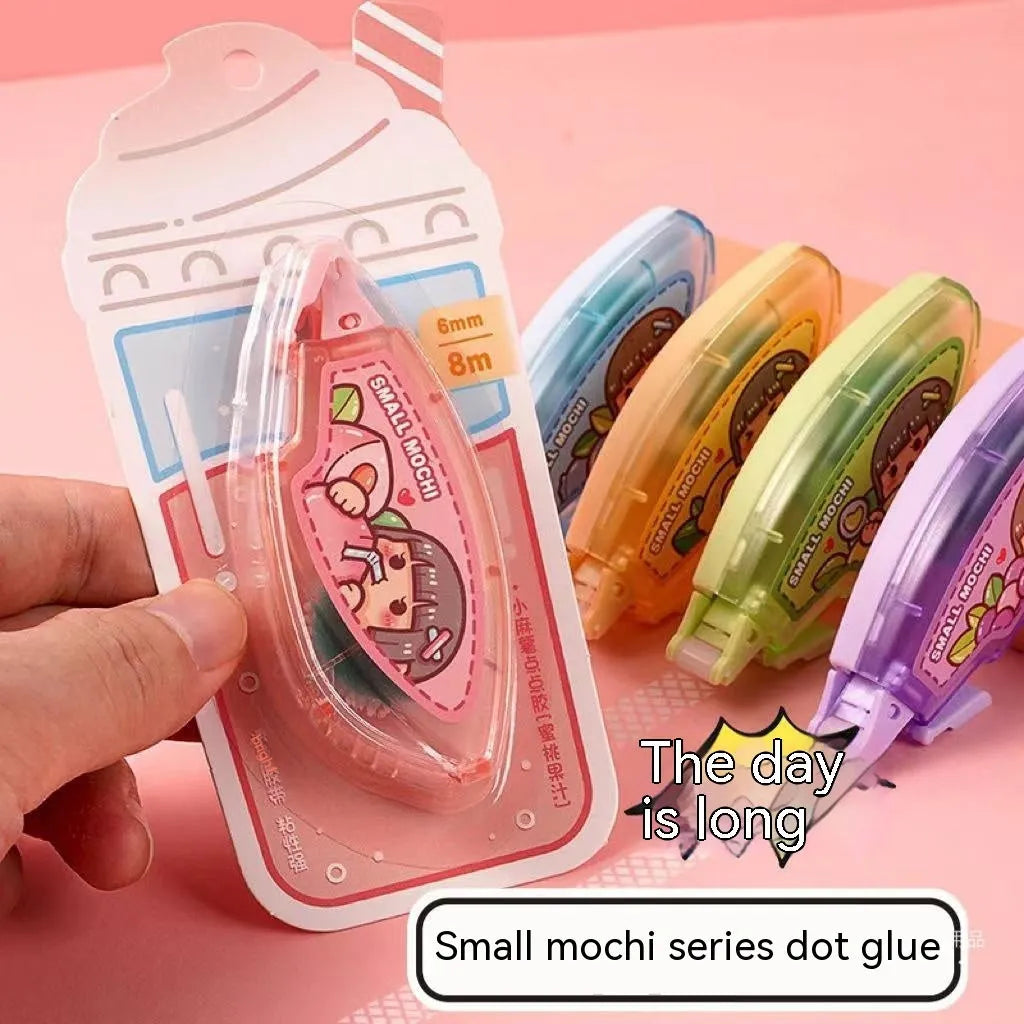 Hand Account Dotting Glue dispenser with high viscosity double-sided adhesive dots in cute fruit juice colours.