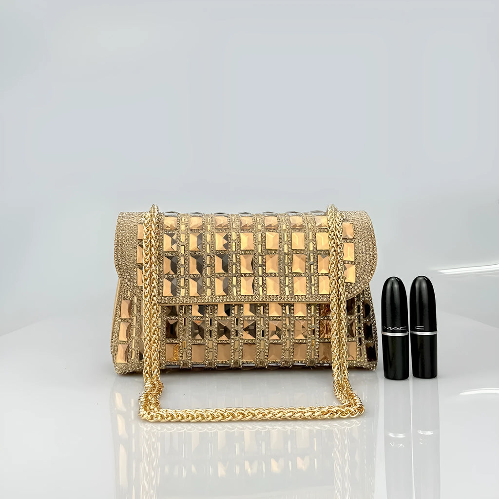 Retro style shiny glass rhinestone chain clutch bag with diamond embellishments in horizontal square shape