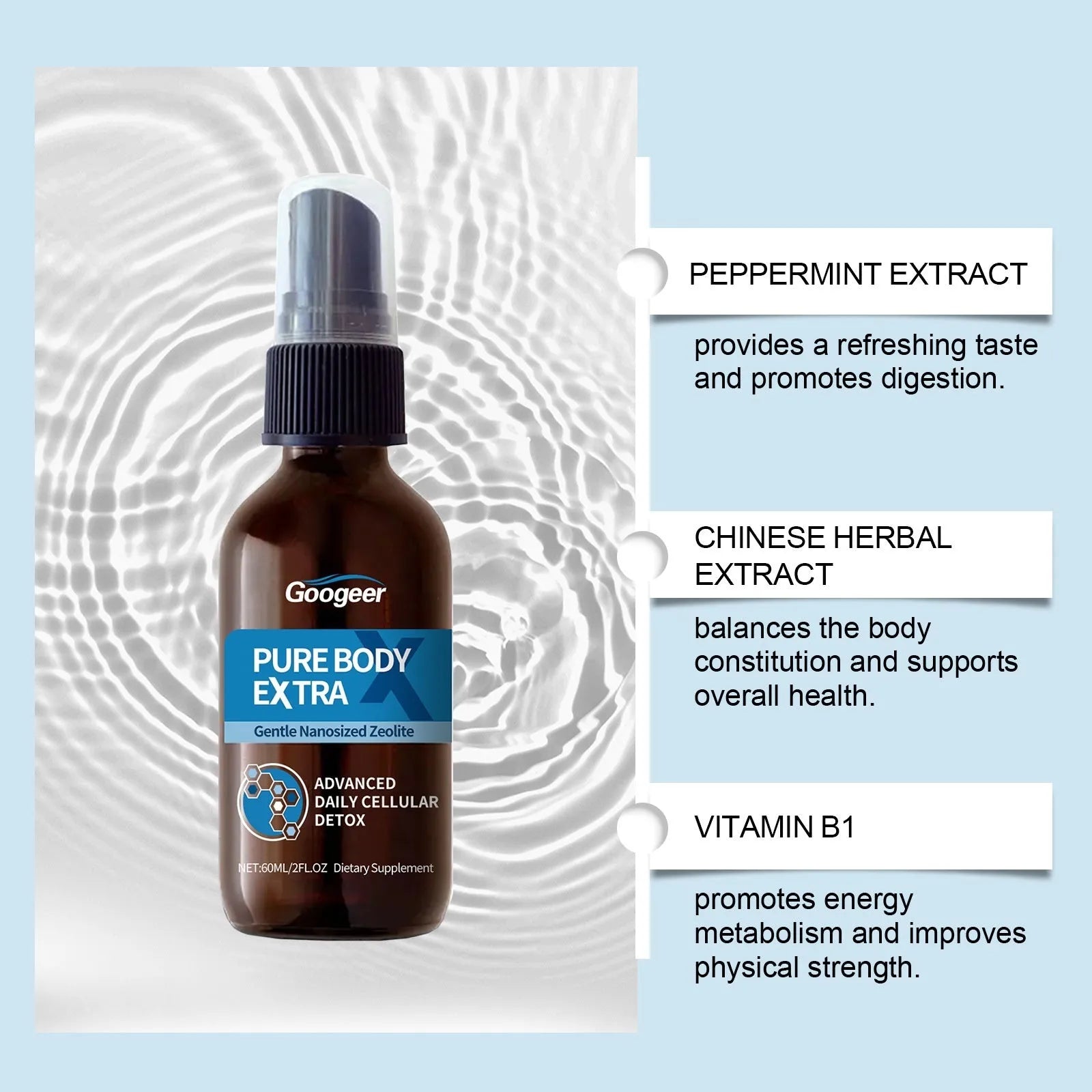 Googeer Body Care Oral Spray bottle with pump, 60ml net content, on a plain background.