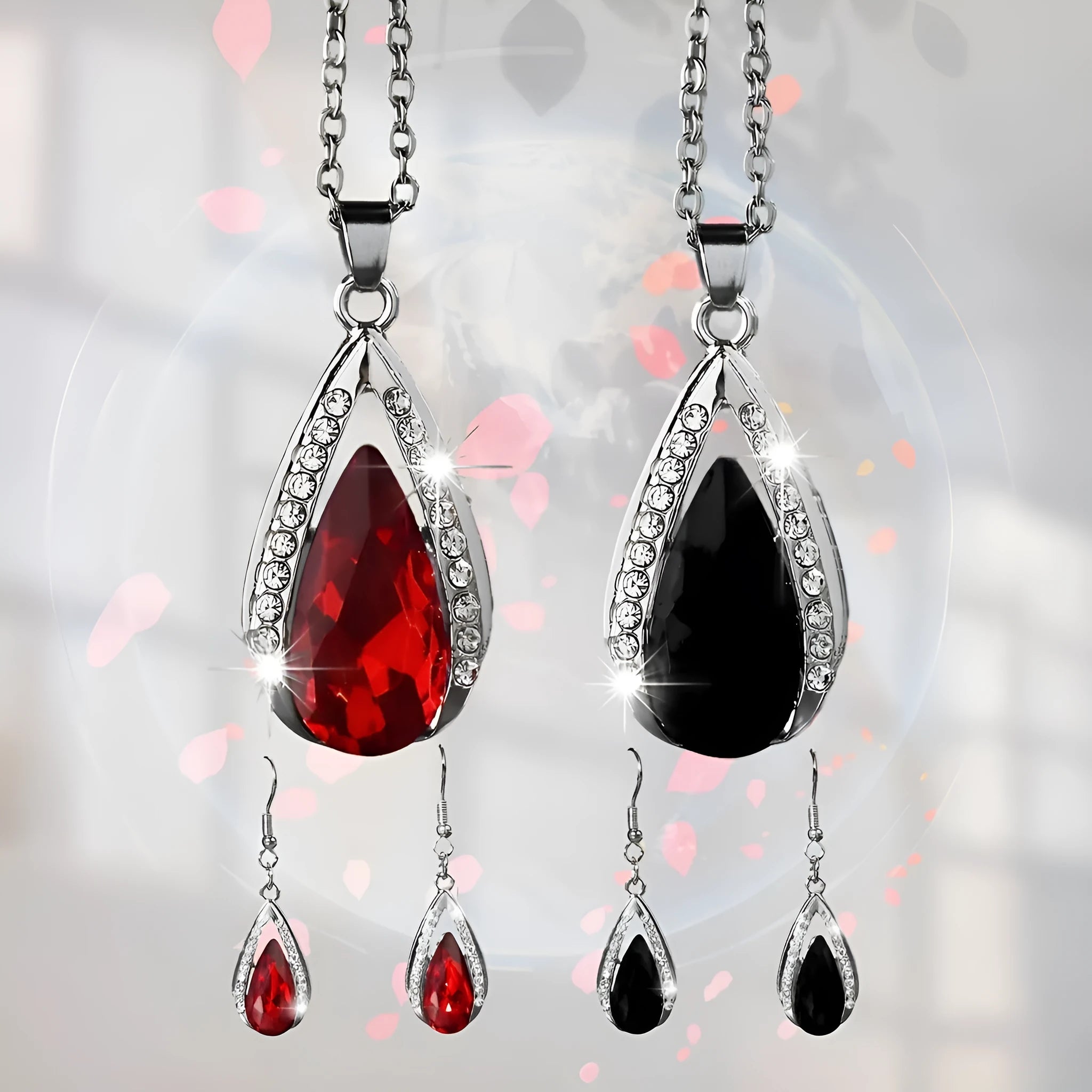Black and red teardrop glass pendant necklace and matching alloy earrings set.