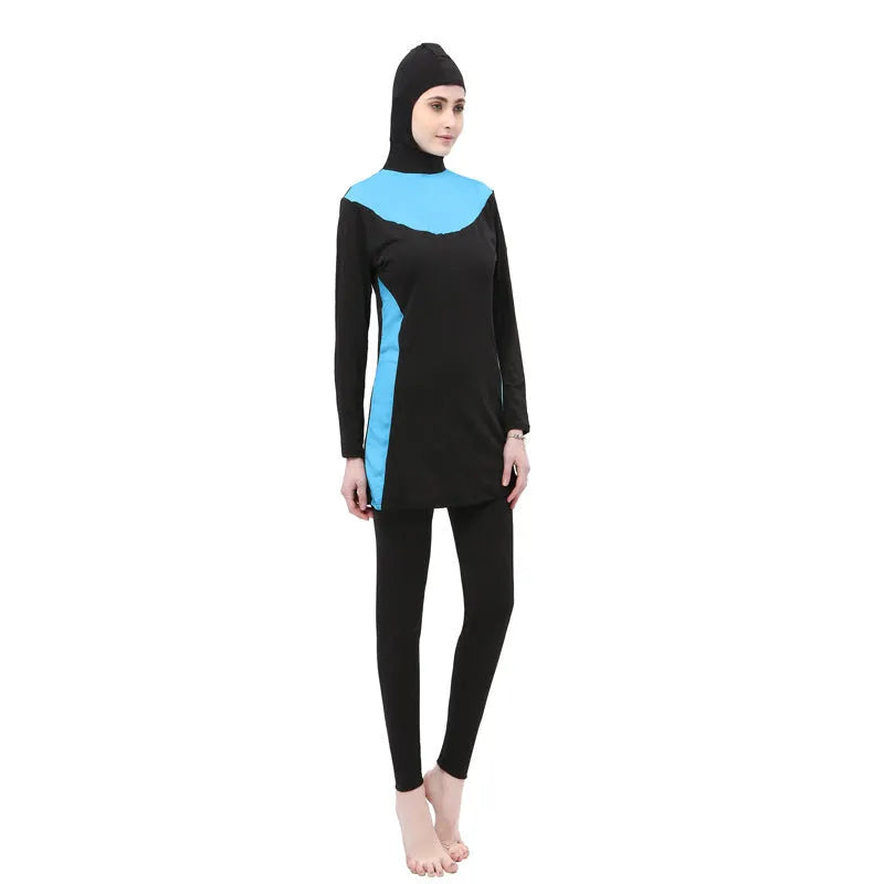 Women's black hooded long sleeve split swimsuit with pants for swimming