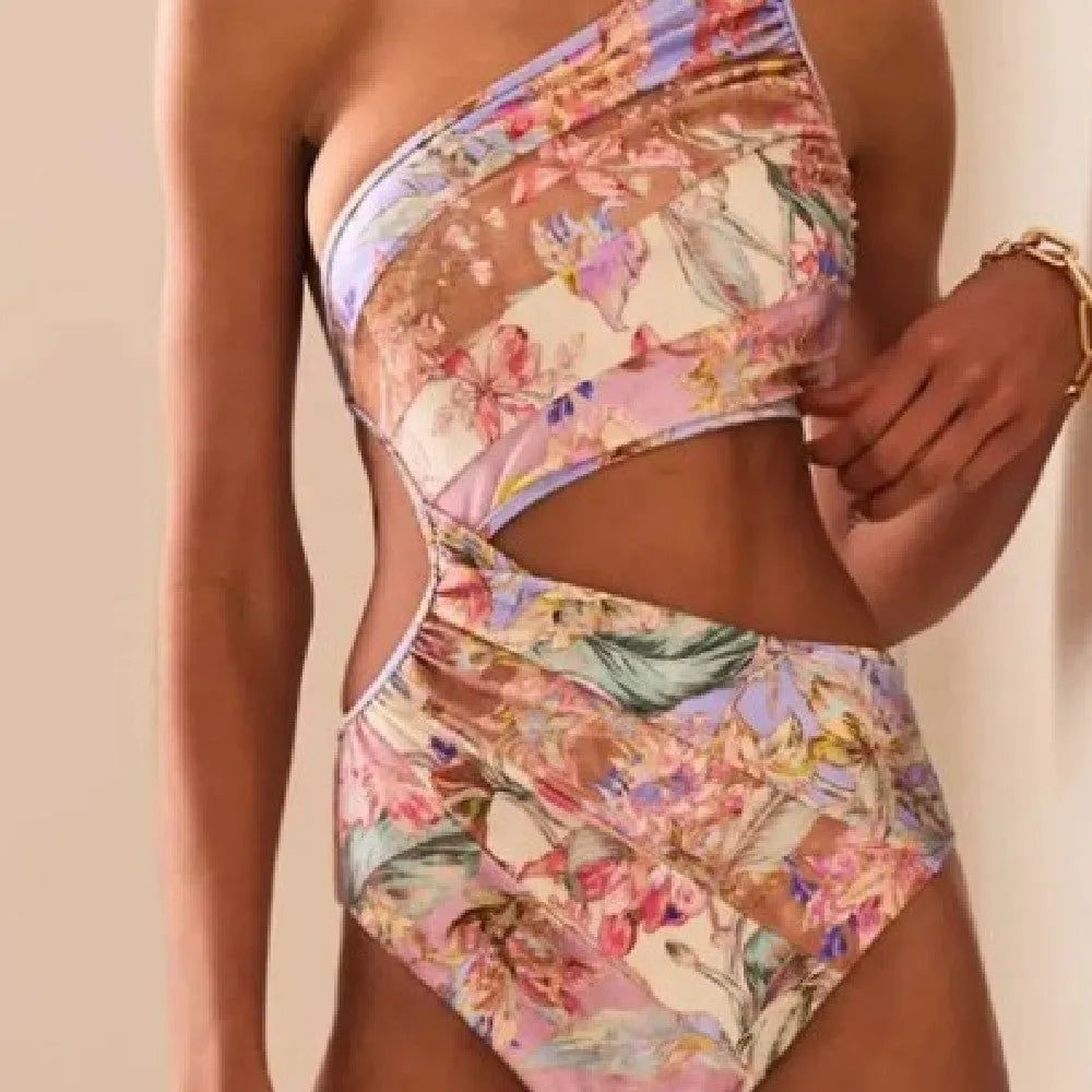 Women's rose gold patterned swimsuit made from polyester fibre in various sizes