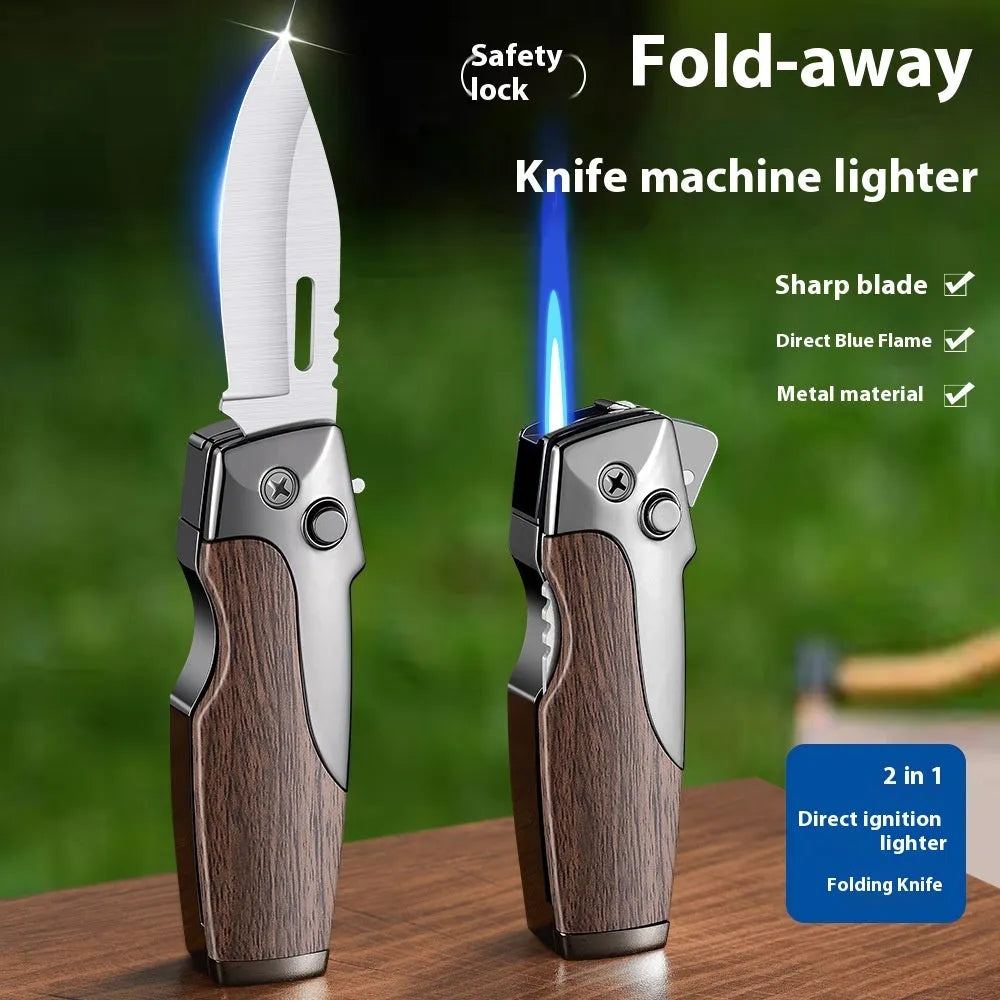 Zinc alloy metal folding knife lighter in a selection of black, gold, and silver finishes with wood, carbon fibre, and camouflage textures.