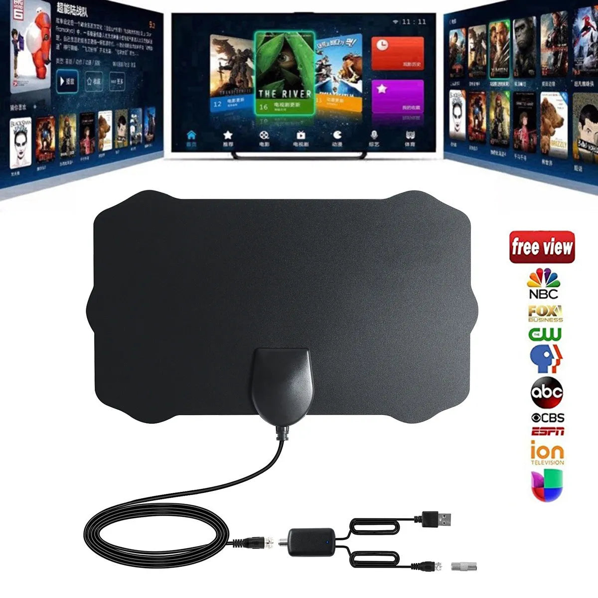 Mini HD digital television antenna indoor TV aerial black 13x22cm