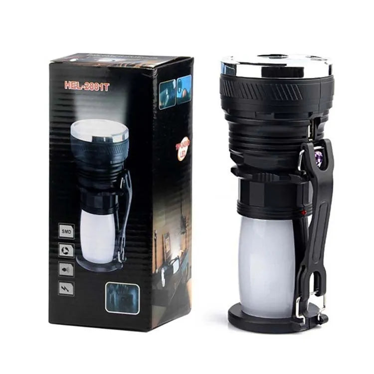Black solar-powered emergency LED flashlight with USB charging port