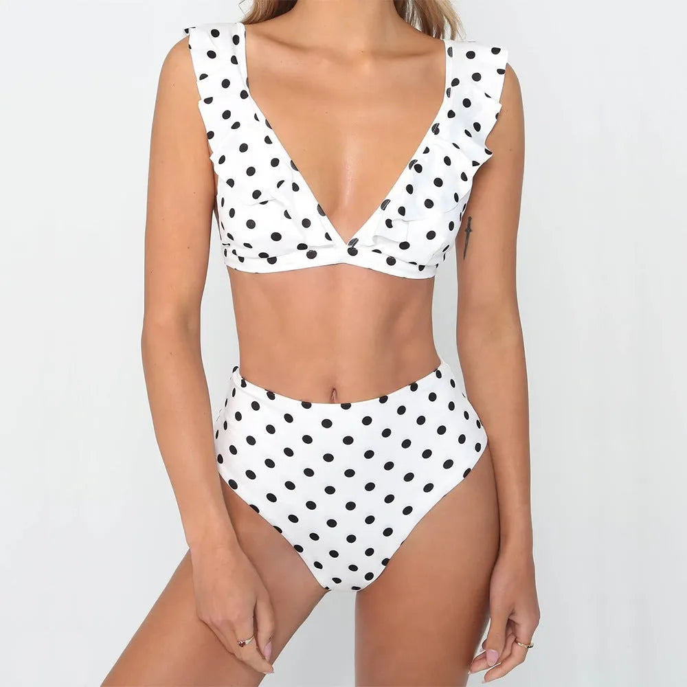 Women's black and white polka dot bikini set with ruffled V-neck top