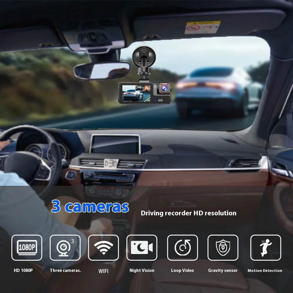 WiFi driving recorder dash cam with 2-inch screen for front and rear car video recording.