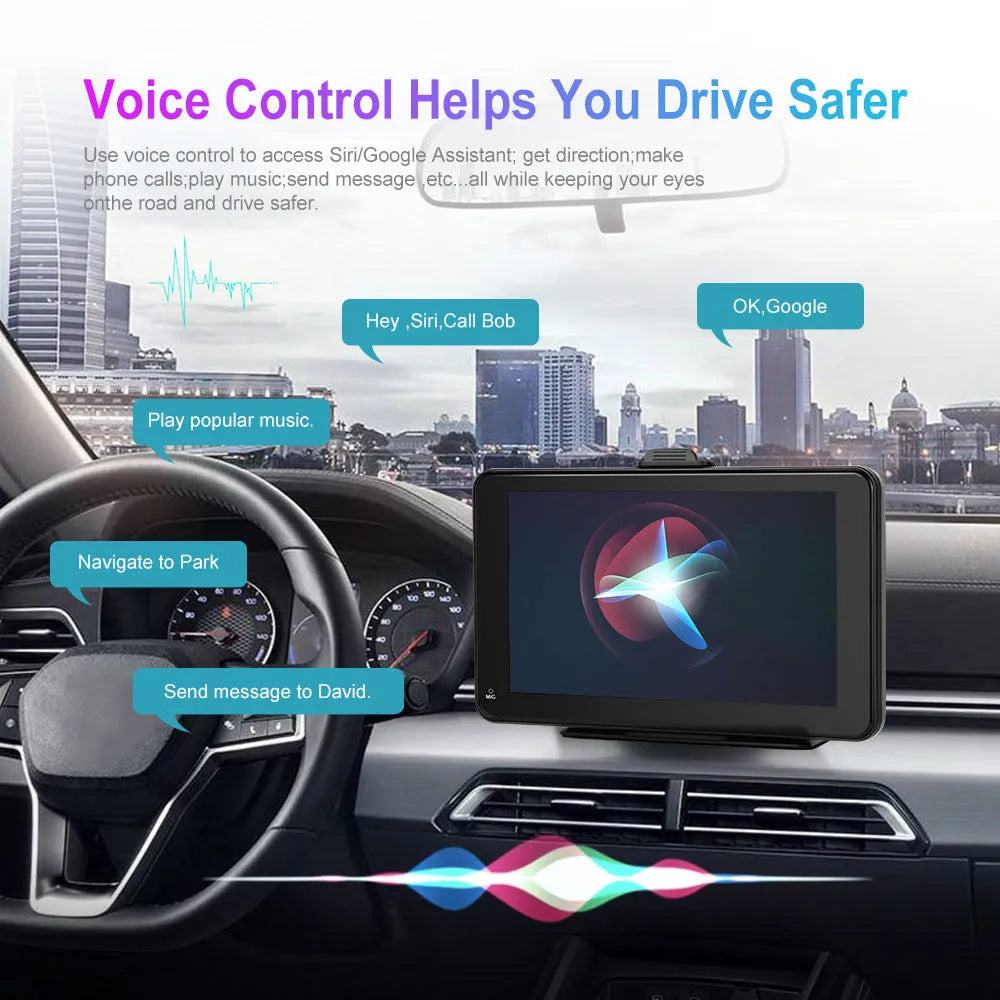 7-inch HD wired car multimedia player screen with universal mount bracket and cables on a grey background.