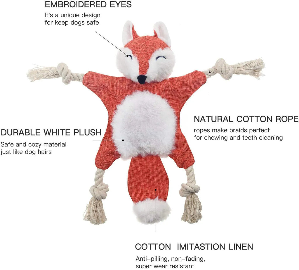 Brown fox-shaped dog toy with rope arms and legs, embroidery eyes, squeaker and crinkle sounds