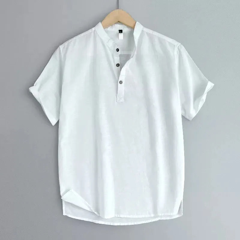 Men's solid colour short sleeve t-shirt in a cotton and linen blend, shown in optic linen.