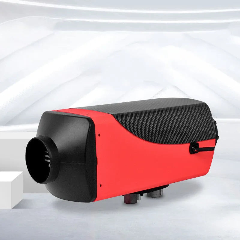 12V and 24V diesel air heater unit with fuel tank, pipes, and installation components for vehicle cabin heating.