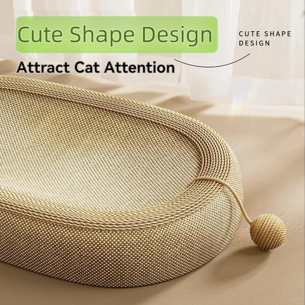 Large rectangular sisal cat scratching board with a flat lounge bed on top, shown in an adorable design.