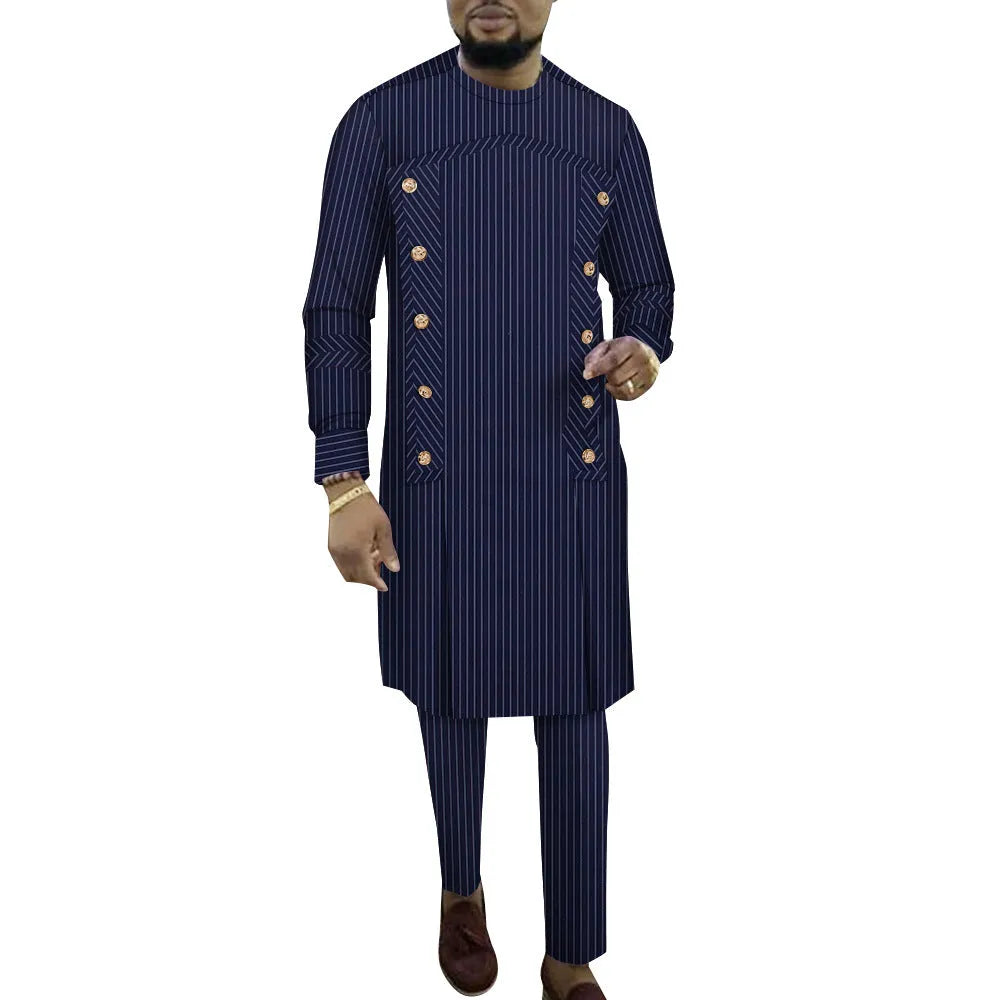 African men's striped cotton robe two-piece set showing long sleeve top and trousers in six colour variations