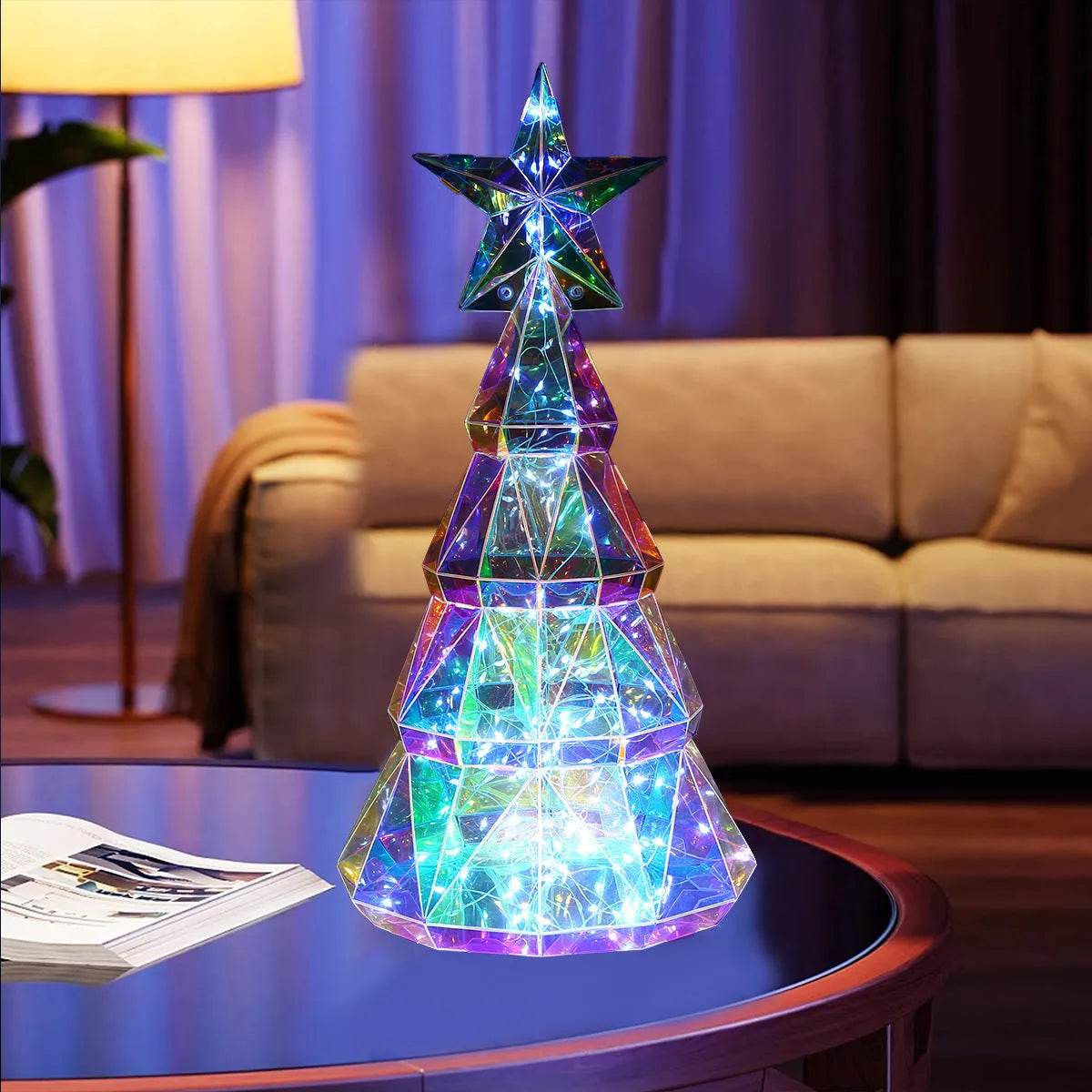 Colourful cartoon-style PET Christmas tree light decoration measuring 14.5cm by 4.8cm by 20cm