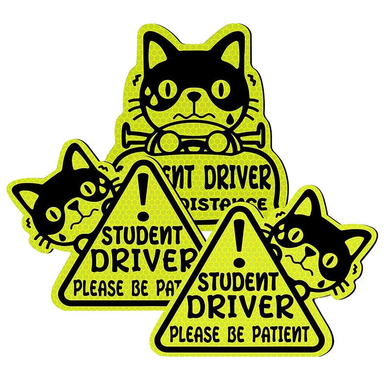 Set of three reflective magnetic stickers showing cat, panda, and duck designs on a metal surface.