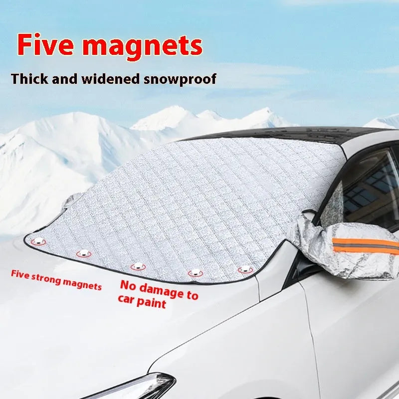 Winter car windshield cover with aluminium foil construction and magnetic fasteners for SUV frost protection
