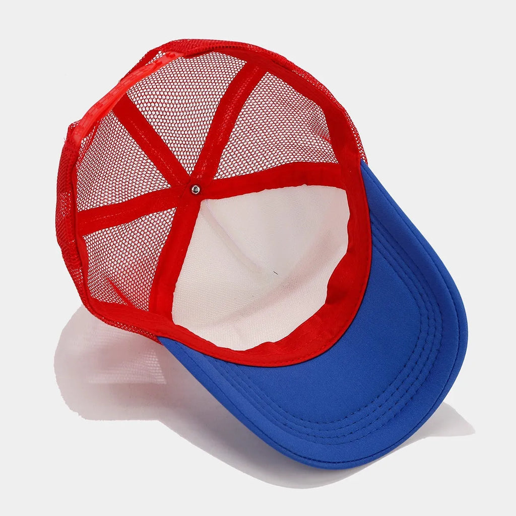 Red and blue contrasting breathable mesh baseball cap with adjustable strap on a dome crown.