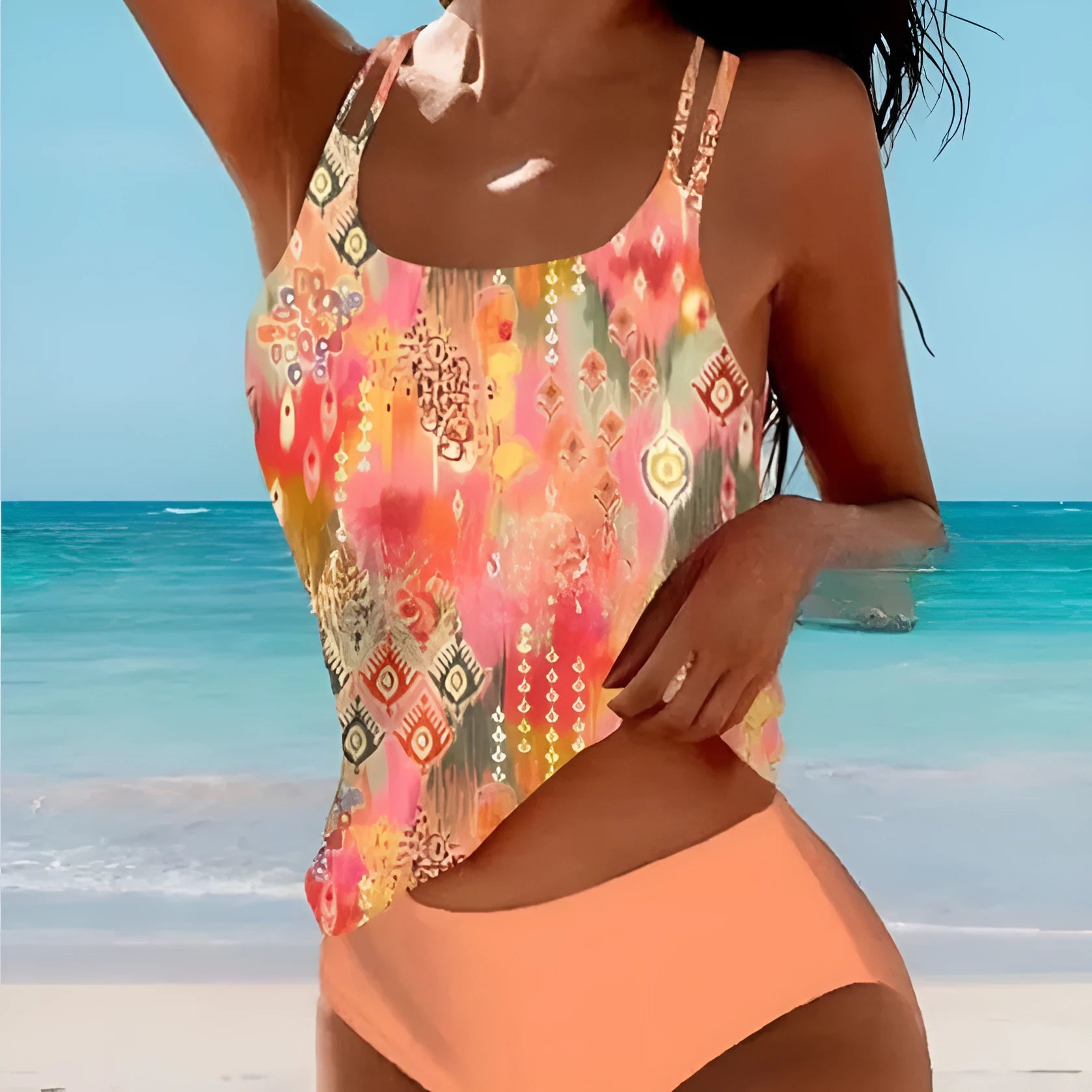 Retro split high waist bikini swimsuit with strappy top and briefs bottom in multiple colour options