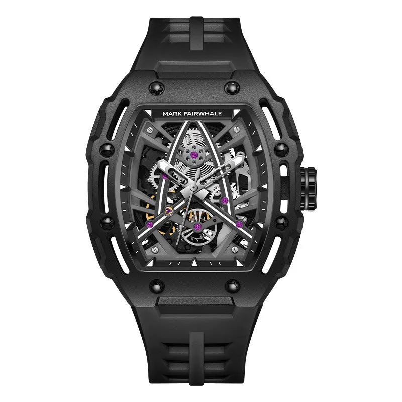 Men's barrel-shaped hollow automatic mechanical watch with black silicone strap and metal case, 44mm