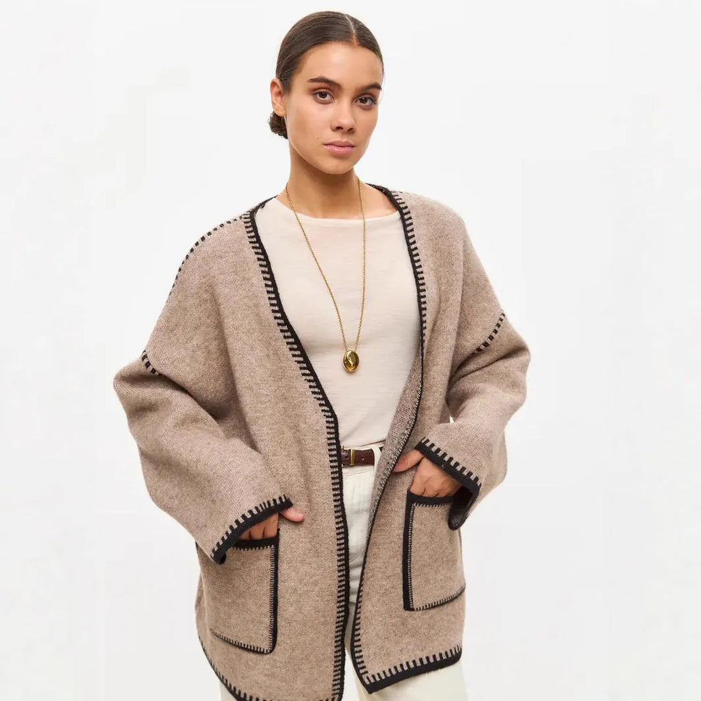 Loose lace-up knitted cardigan sweater coat in imitation cashmere, shown in camel colour