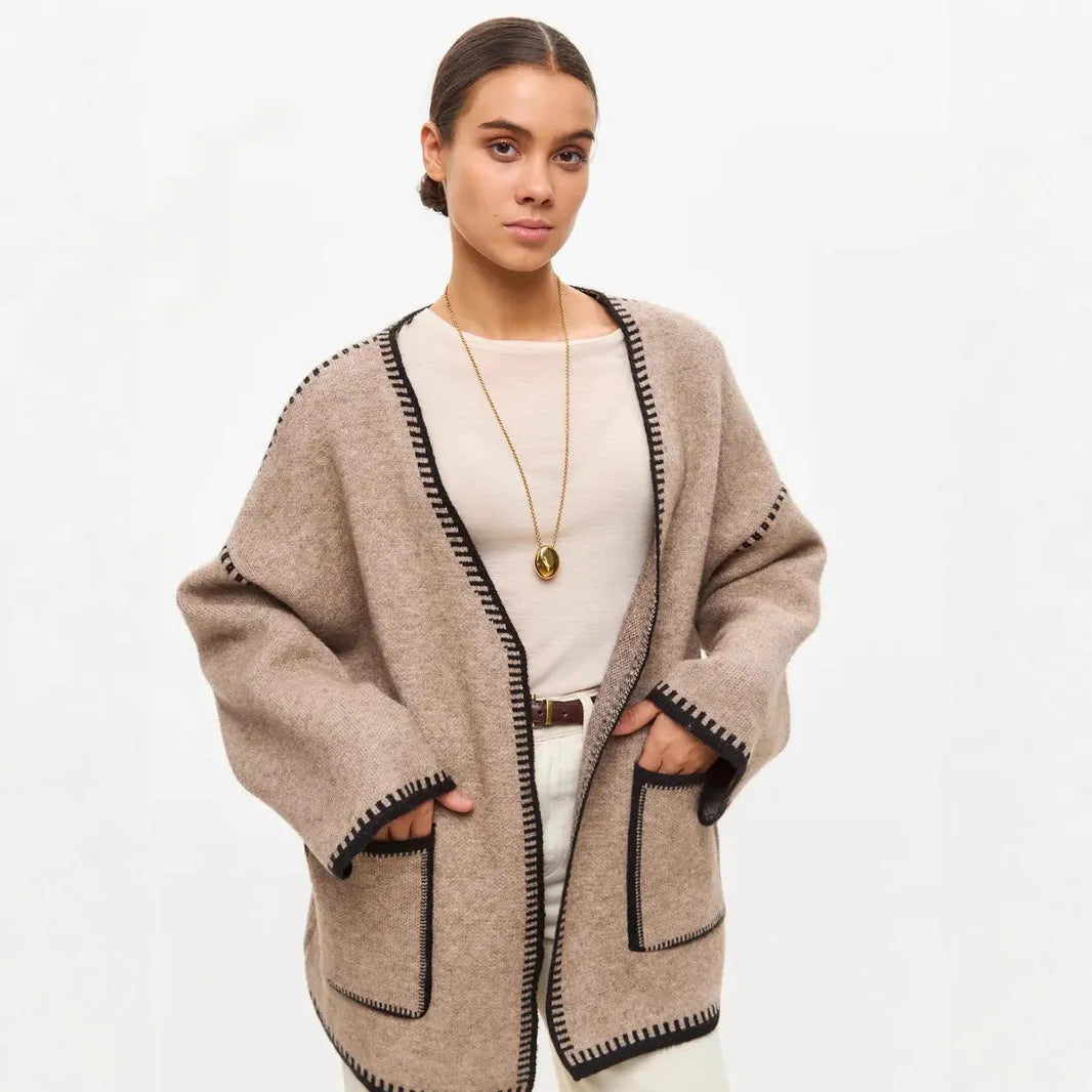 Loose lace-up knitted cardigan sweater coat in imitation cashmere, shown in camel colour
