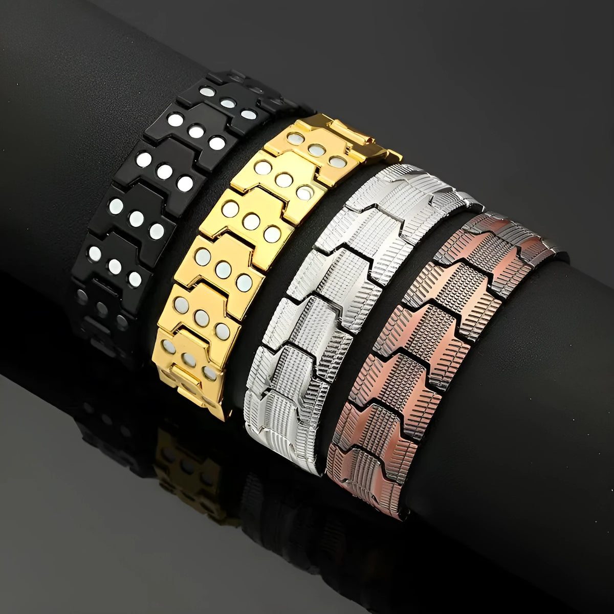 Carved retro three rows full magnet bracelet in bronze electroplated finish on zinc alloy unisex