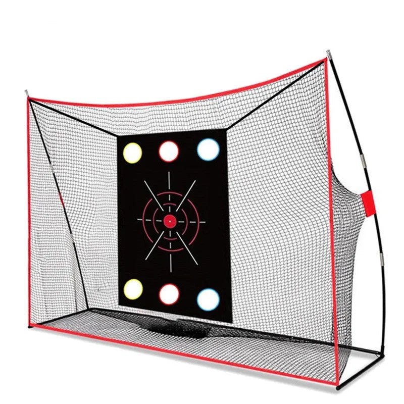 Golf swing wedge training net with 3-hole target, straw mat, practice balls, and setup accessories