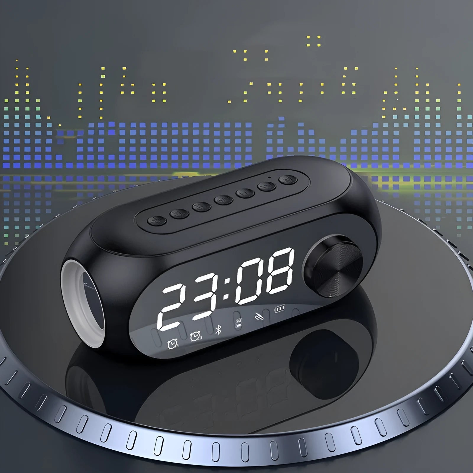 S8 Black portable mini speaker with USB charging cable on a table