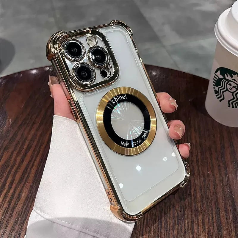 Electroplated magnetic TPU phone case for Apple iPhone 15 in silver gray, showing rear camera cutout and metallic finish