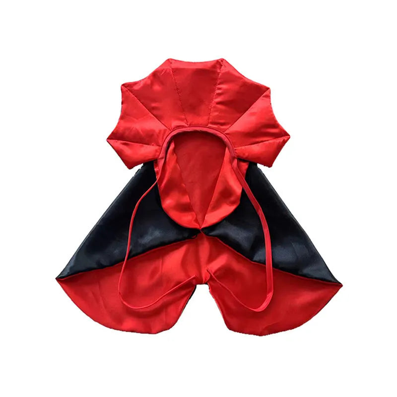 Halloween pet costume featuring bat devil cloak and matching hat on dog