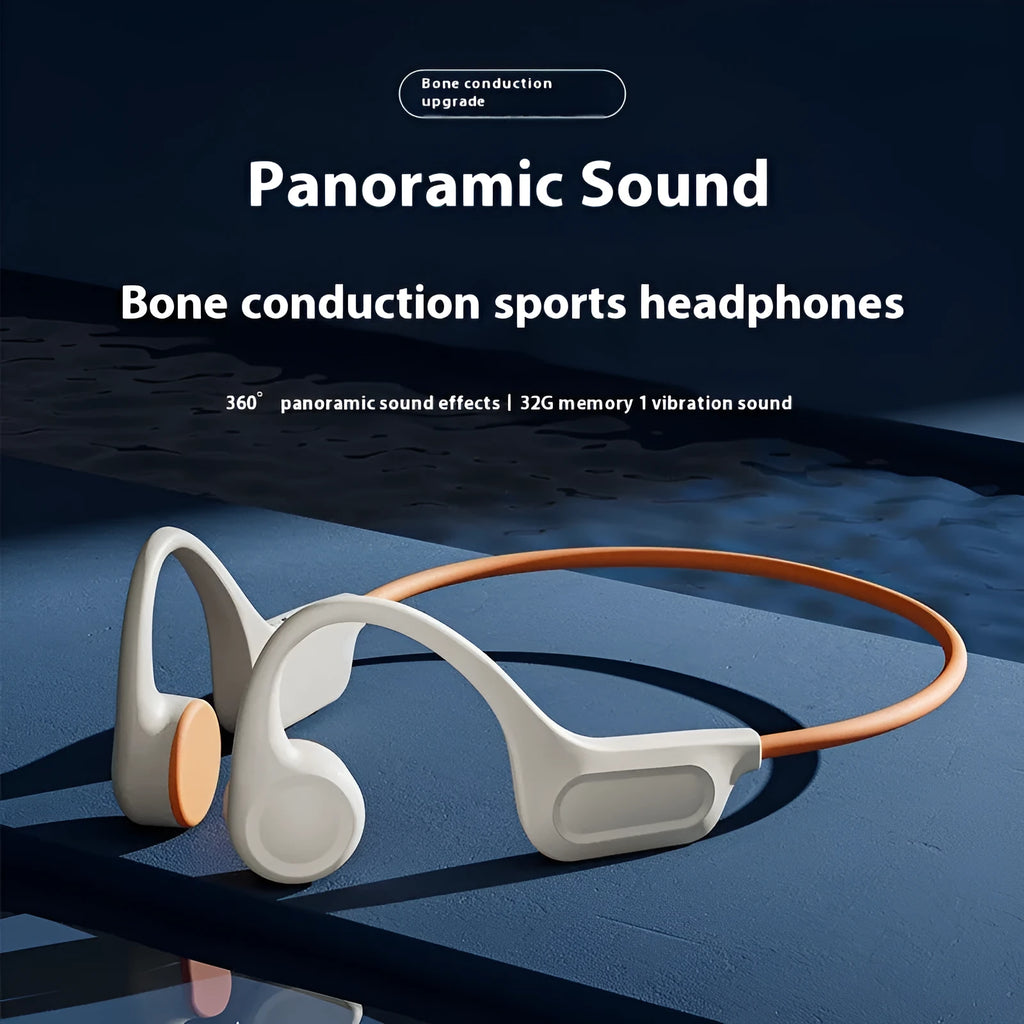 Beige orange bone conduction Bluetooth headset with ear hook design and 32G memory