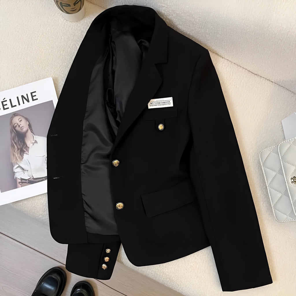 Women's black polyester suit coat with loose fit design and long sleeves for smart casual wear