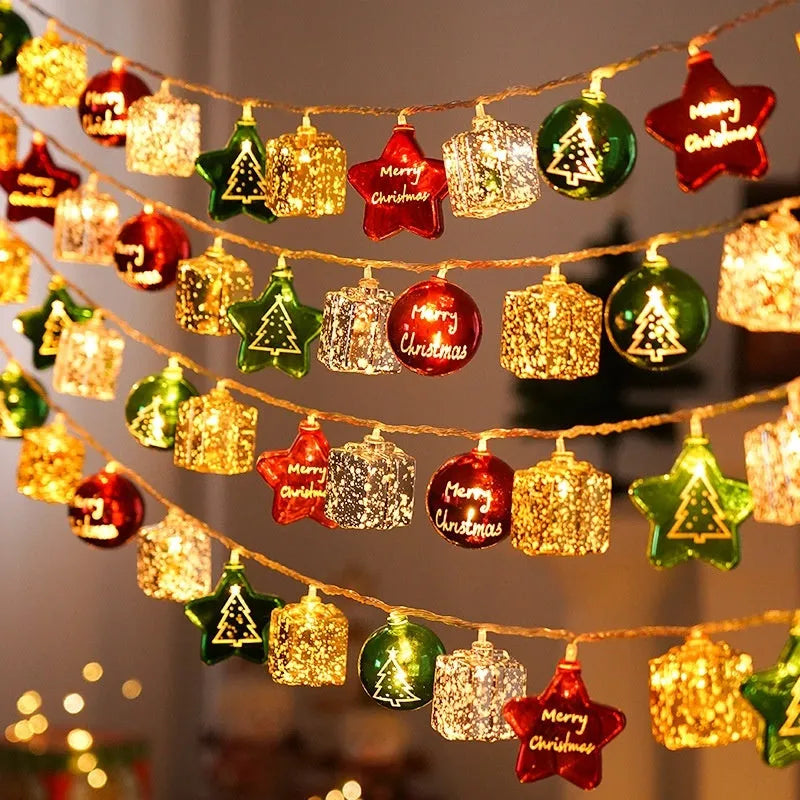 Electroplating ball Christmas lights string with XINGX pendant in gold and star decorations
