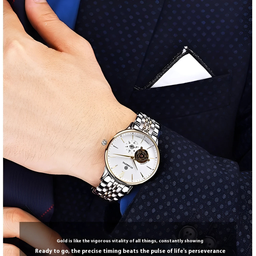Men's automatic waterproof business watch with brown leather strap and stainless steel case