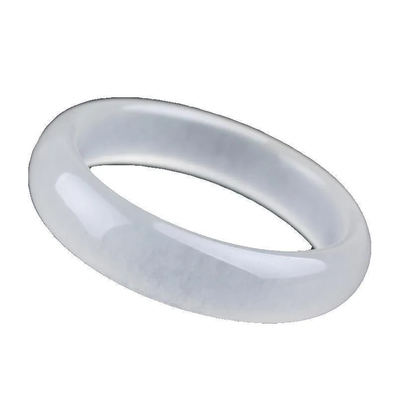 Gao Bing jade bracelet in white moonlight colour on a wrist, showing flat and round bar shape options.