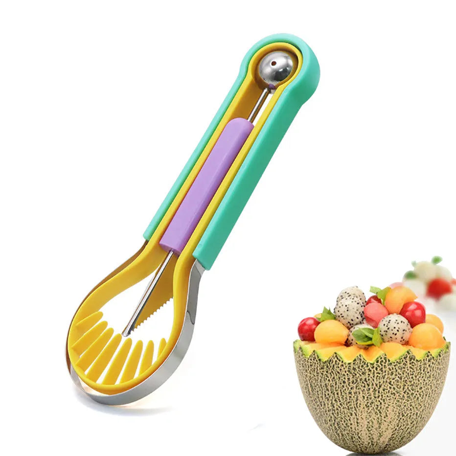 3-in-1 fruit carving knife set with melon baller, V-shaped carver, and scoop nested together on a kitchen counter