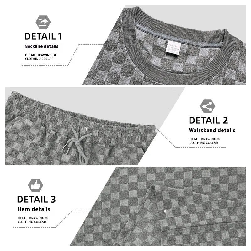 Men's black and white checkerboard plaid loose sports shorts with an elastic waistband.