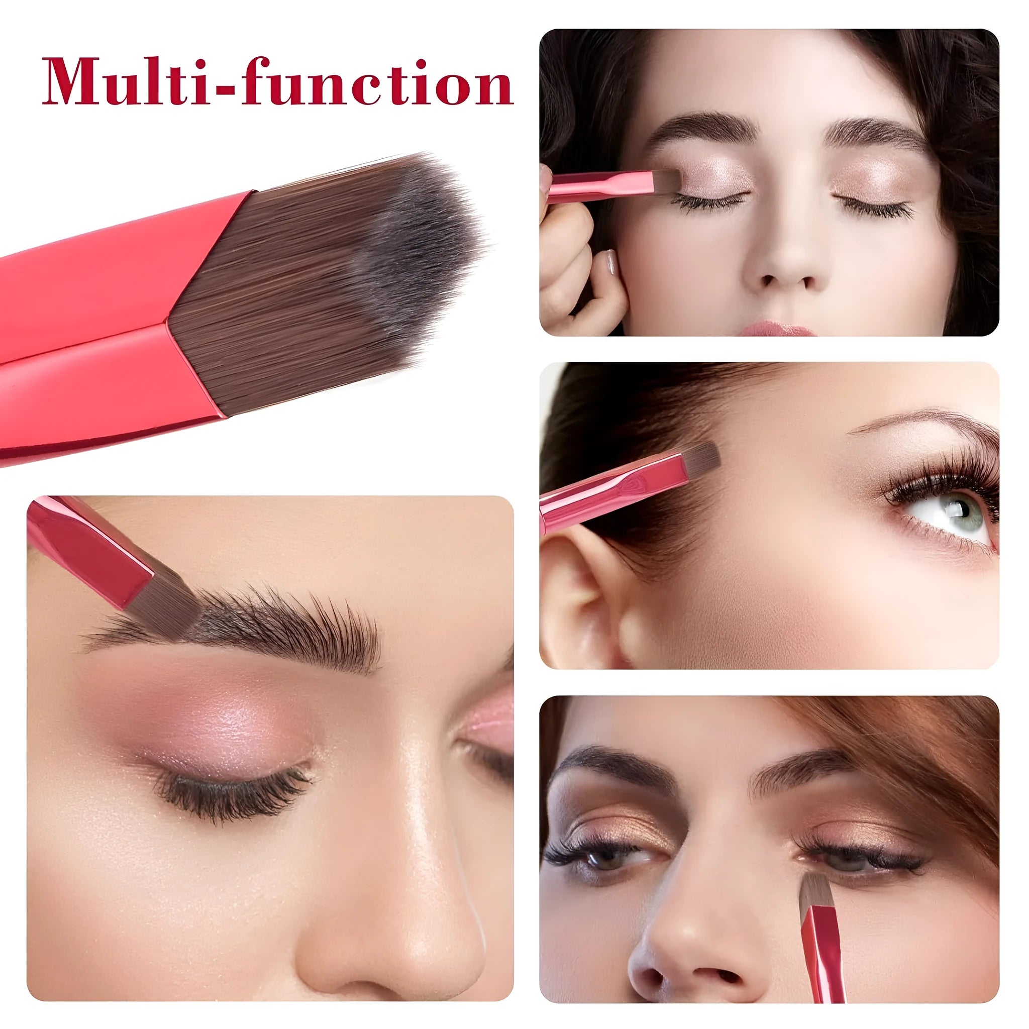 Black angled square eyebrow stamp brush with synthetic bristles on a wooden table