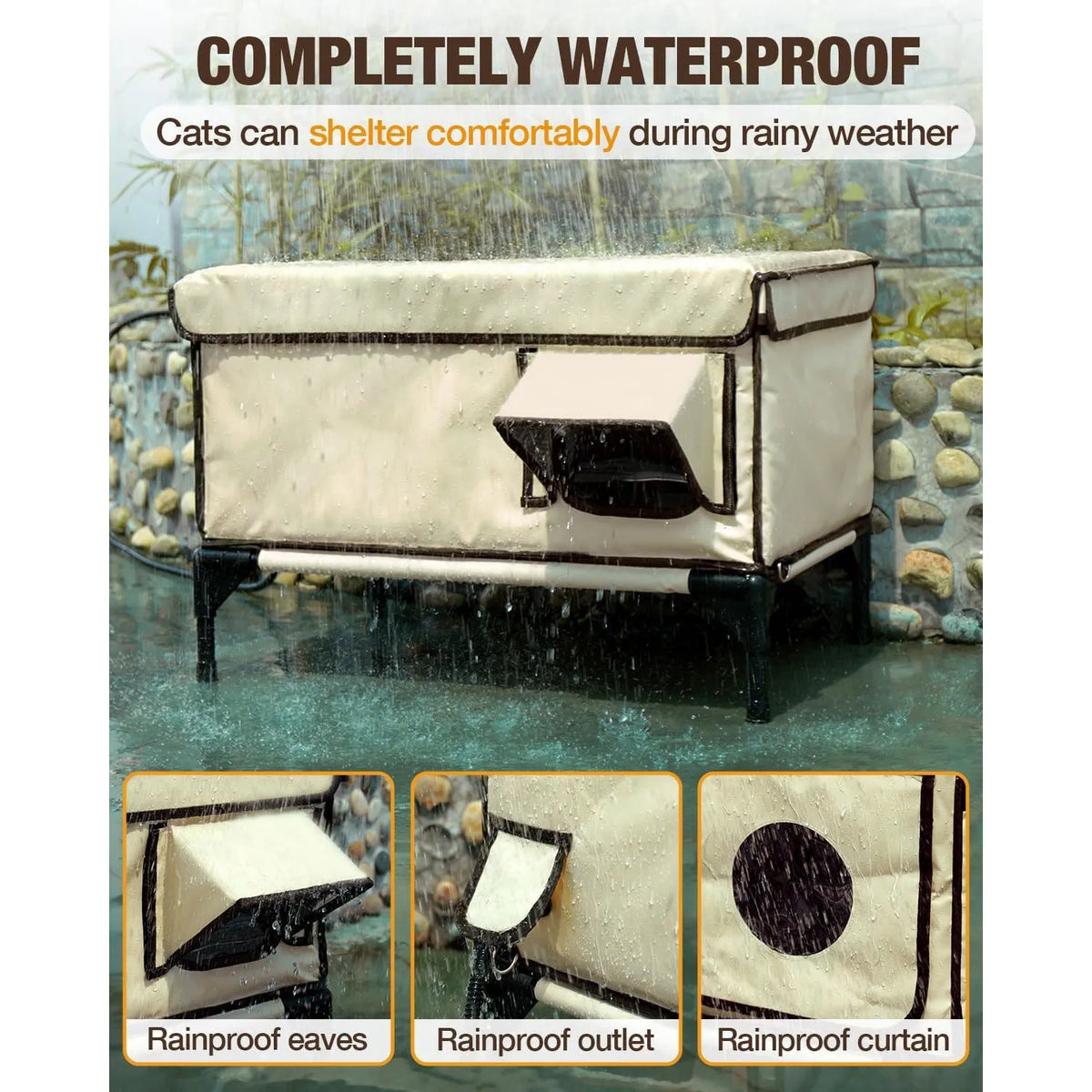 Beige Oxford cloth waterproof cat house with PVC pipe frame for outdoor use