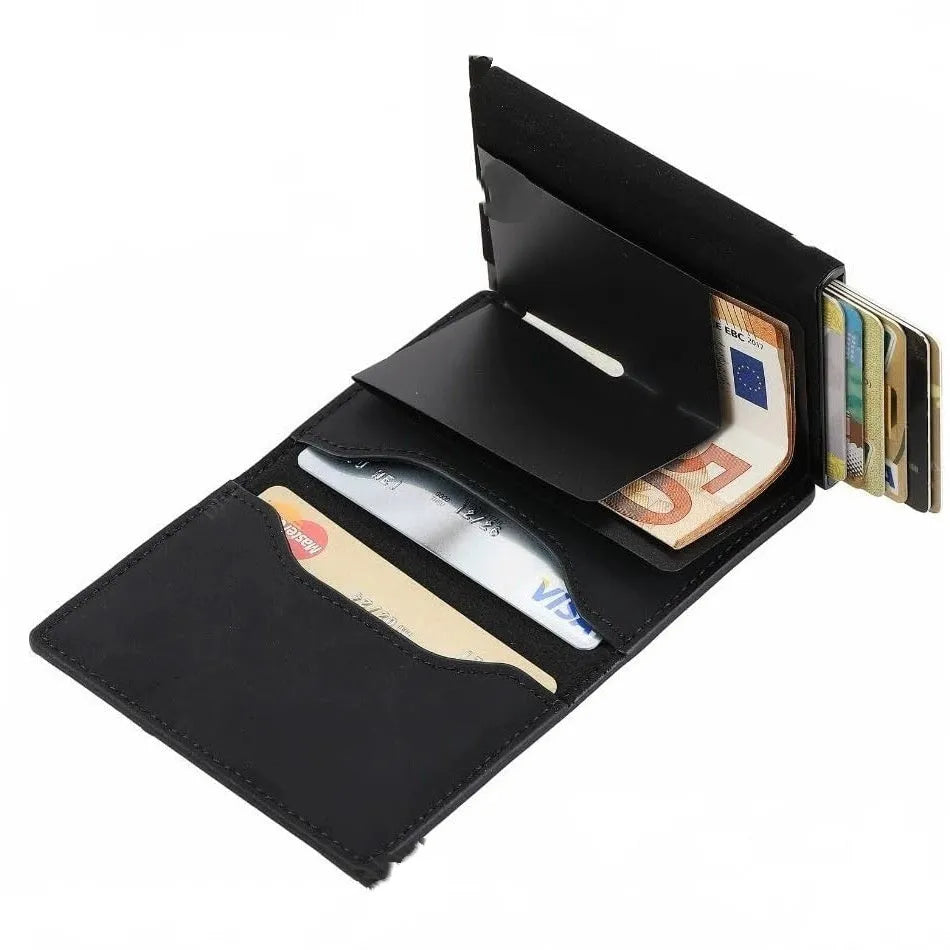 Ancient carbon fiber pattern men's wallet in genuine leather with anti-theft swiping protection, black colour
