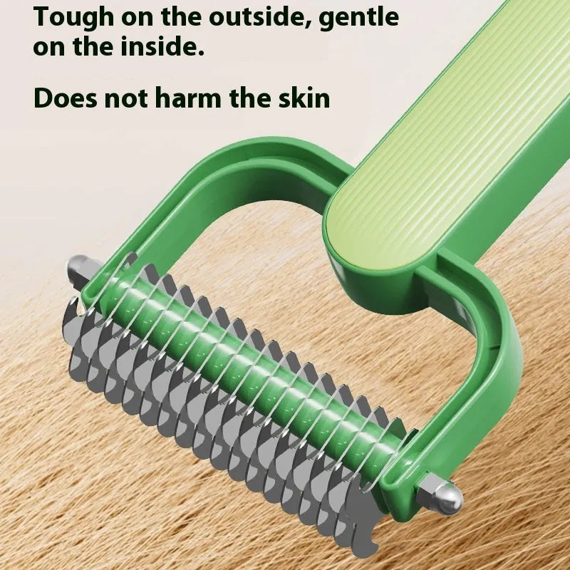 Green and grey pet hair unknotting comb for dogs with stainless steel teeth on a PP plastic handle.