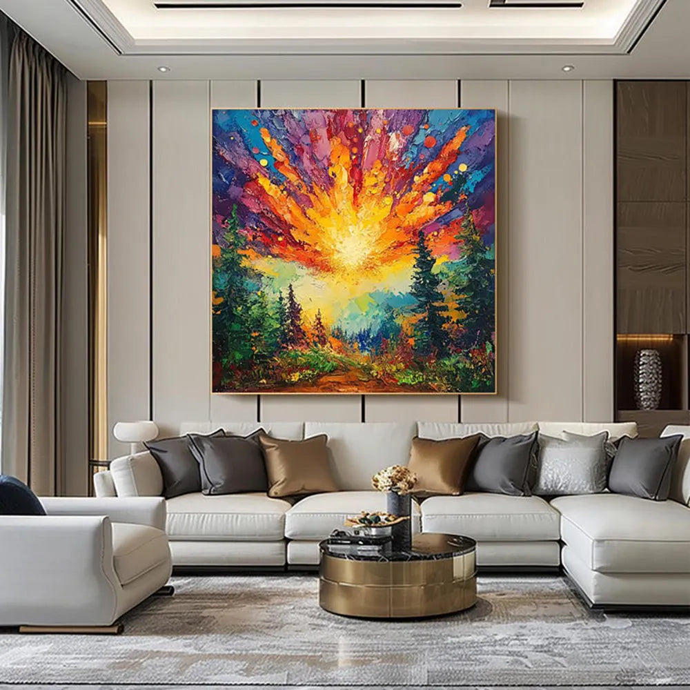 Hand-painted oil painting of sun rising in deep forest with brilliant light, modern landscape canvas art for home decoration