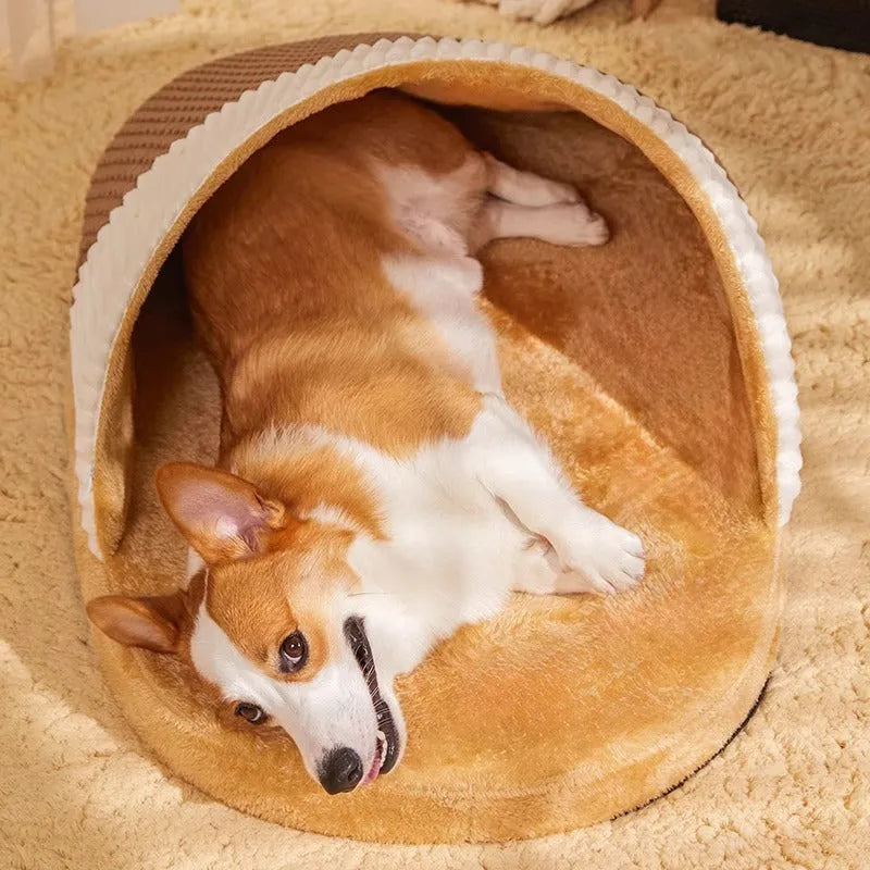 Blue round dog nest bed with removable cover for small medium dogs on a wooden floor
