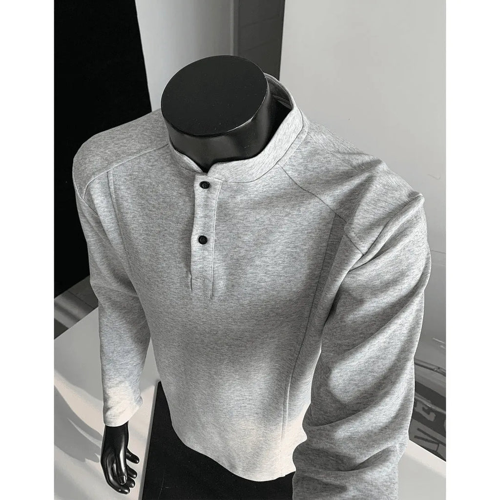 Men's patchwork stand-up collar polo shirt in cotton fabric with asymmetric design