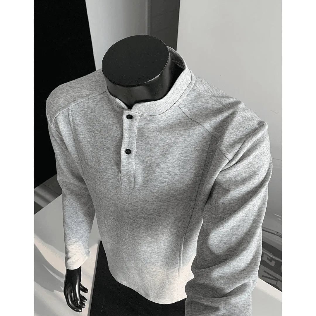 Men's patchwork stand-up collar polo shirt in cotton fabric with asymmetric design