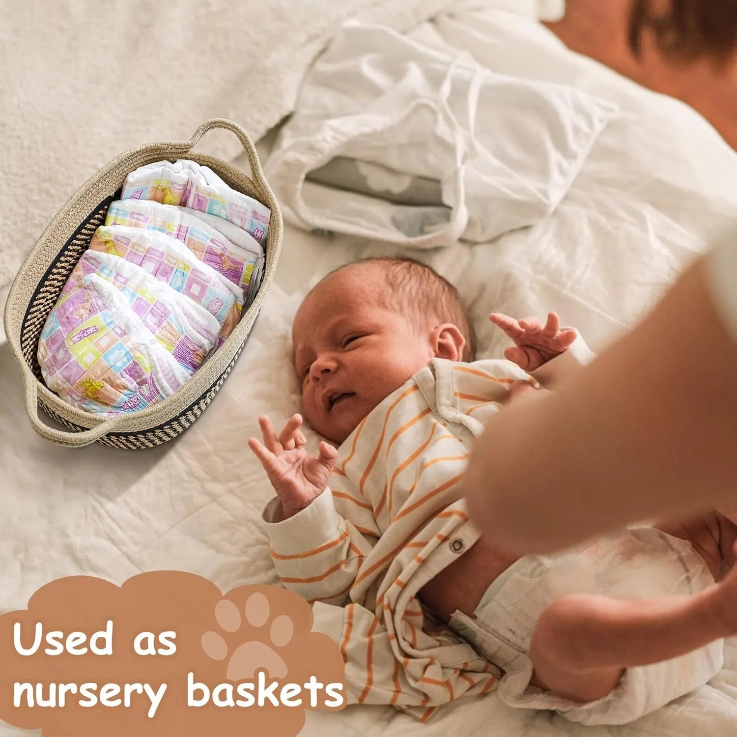 Handmade woven cotton rope storage basket with handle in light beige colour