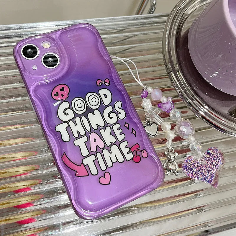 Purple mobile phone case with English graffiti text and love pendant design, featuring attached lanyard