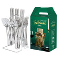 24-piece stainless steel cutlery set with storage rack showing knives forks spoons in metallic finish