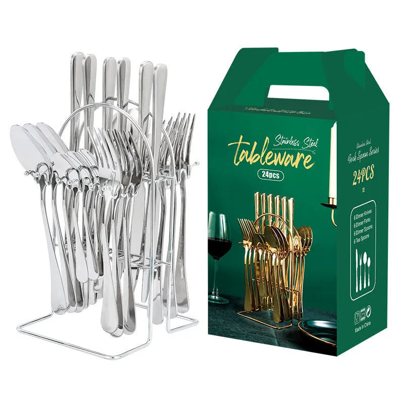 24-piece stainless steel cutlery set with storage rack showing knives forks spoons in metallic finish